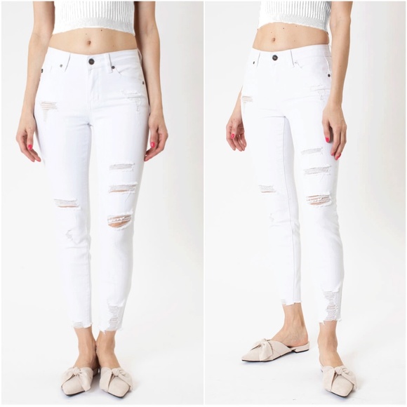 Kan Can White Distressed Frayed Hem Skinny Jeans - Picture 1 of 4